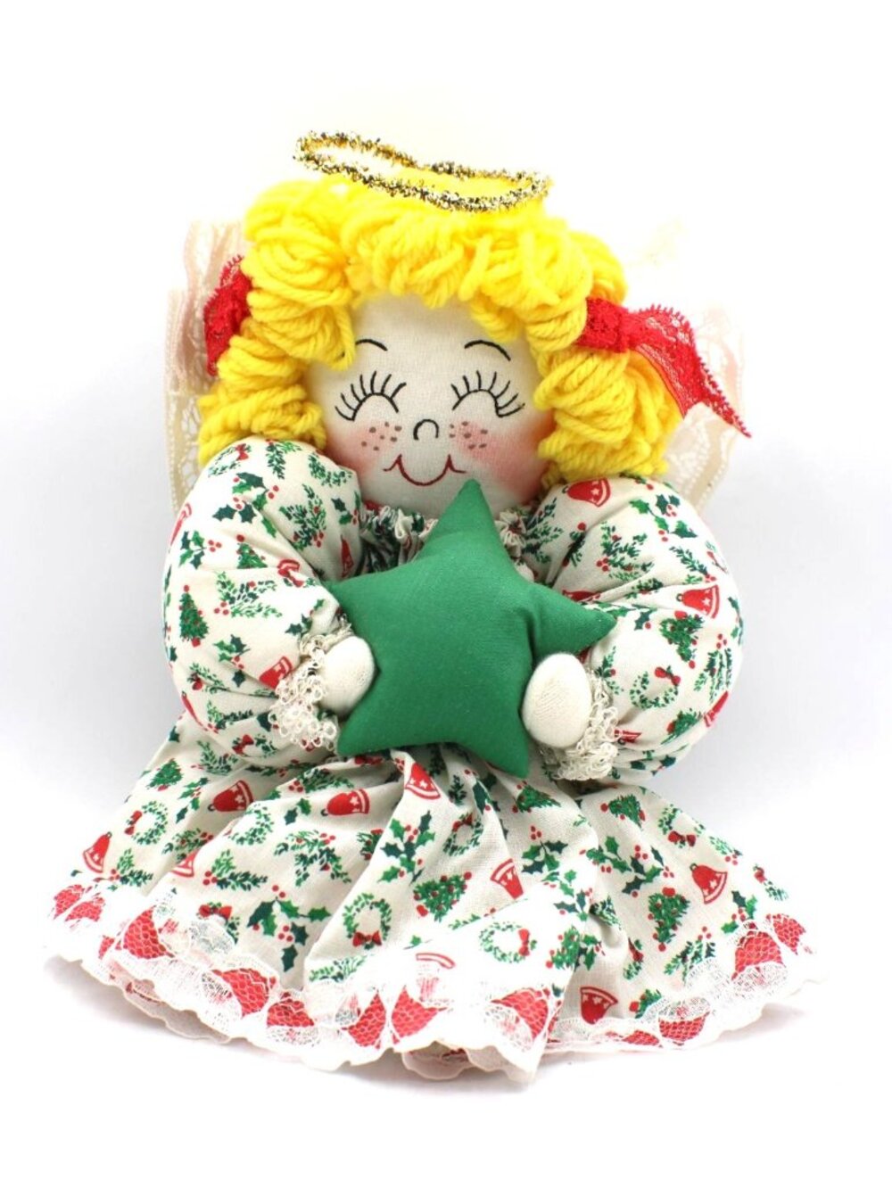 Handmade Christmas Angel Tree Topper Green Star Lace Detail Vintage Holiday 8x7"